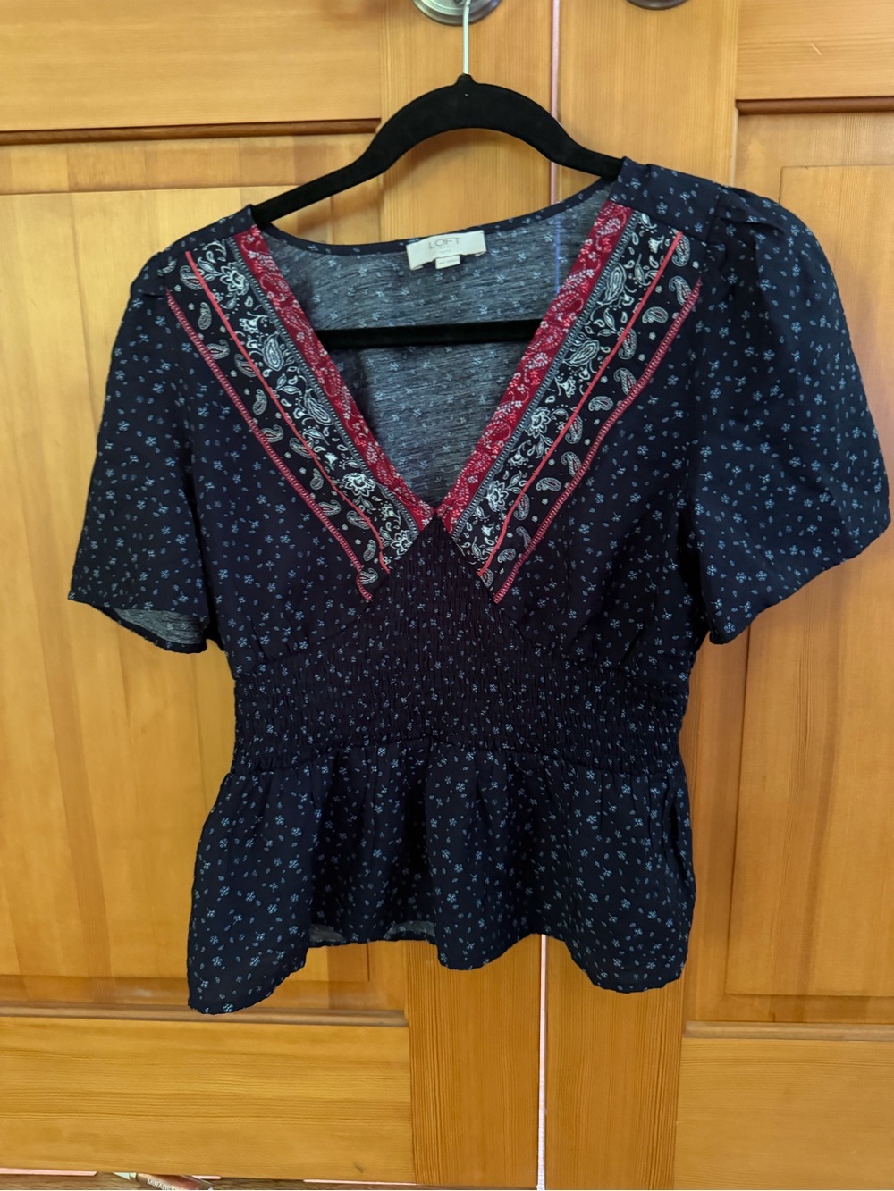 LOFT Navy Floral Peplum Top with Red Embroidered V-Neck